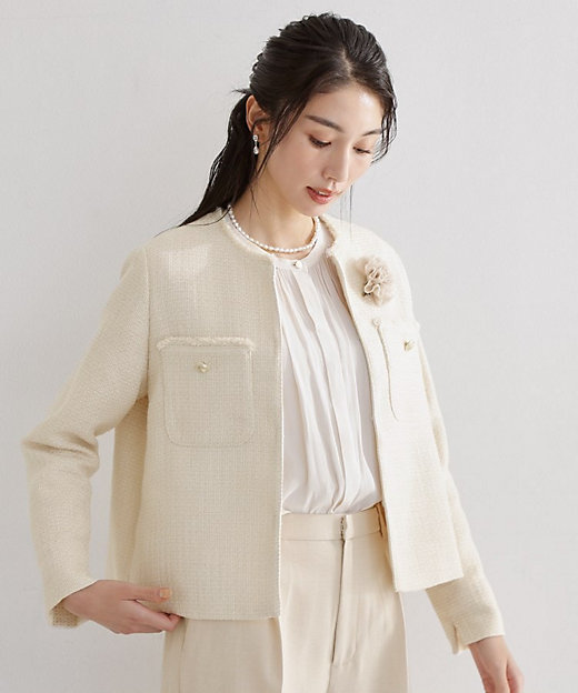 通勤・セレモニー】ツイードノーカラージャケット