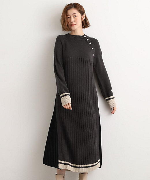 選べる着丈】配色サイドプリーツニットワンピース
