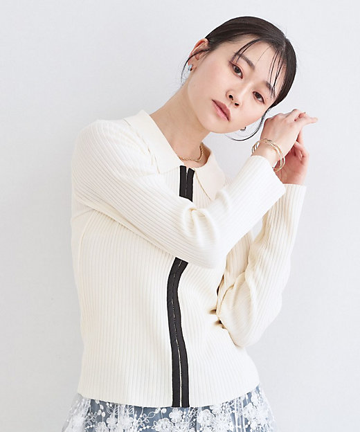 ポロ衿ホック使いリブニットカーディガン【洗濯機OK