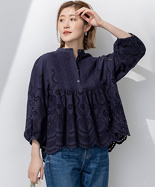 洗える】コットンエンブロイダリー クロップド ブラウス