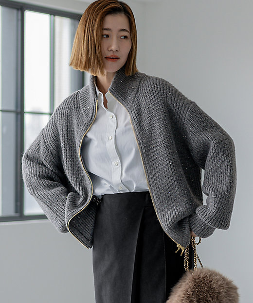 洗える】スパンコールバルキー ダブルジップ ニットブルゾン