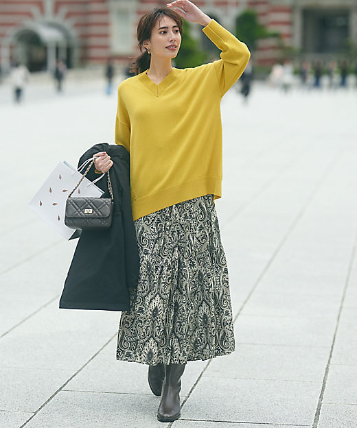 洗える】ウールミドルゲージ Vネック チュニック ニット