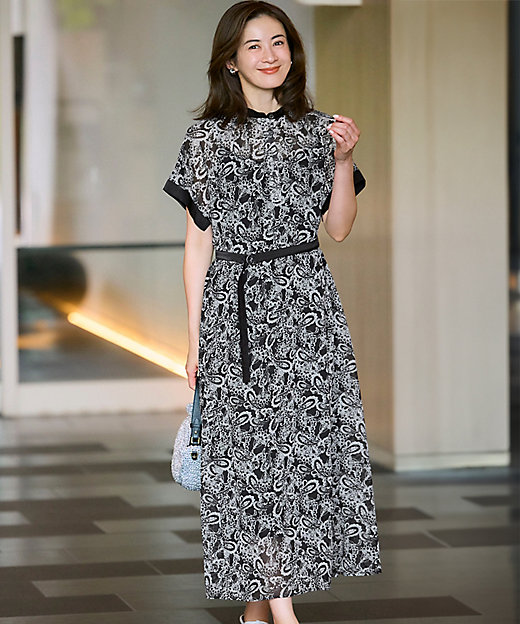 一部店舗限定／速乾性／洗える】モノトーンプリント ワンピース