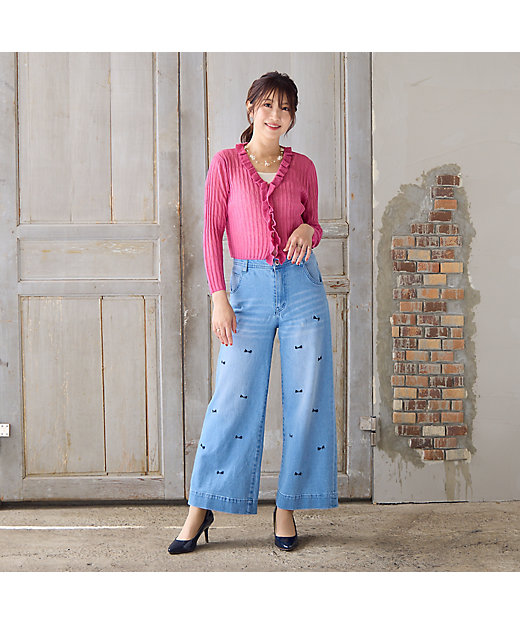 人気デザイン】【手洗いOK】リボン刺繍ワイドデニム