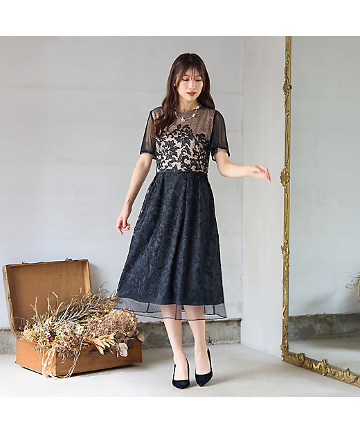 美シルエット】ドットチュール刺繍ワンピース（51015504