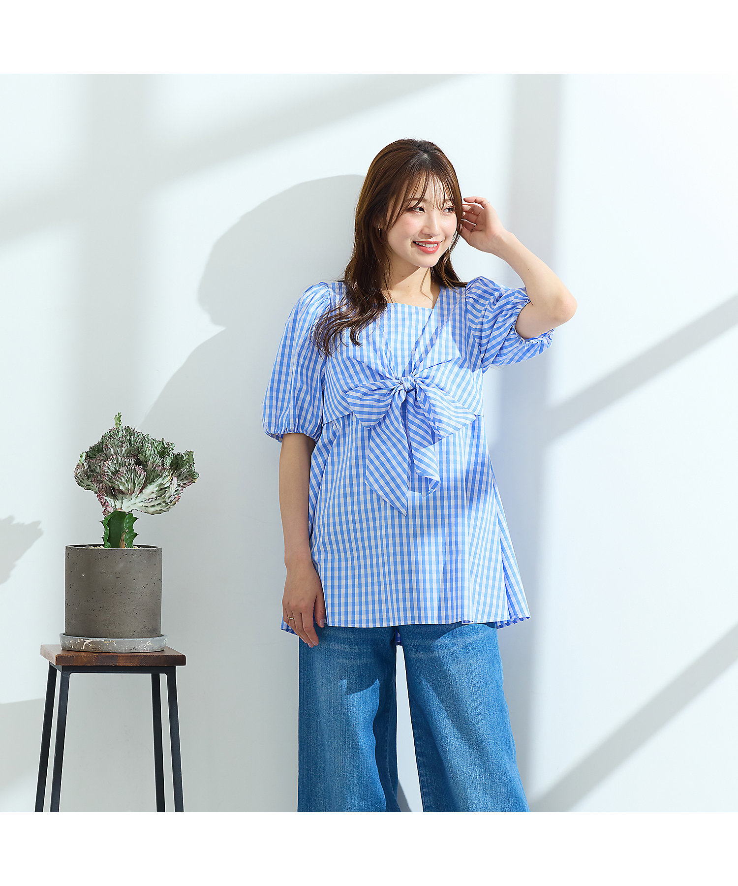 コットン100％／手洗い可】ギンガムチェックリボンブラウス