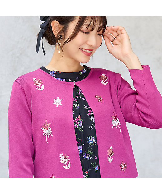 人気デザイン】フラワースパンコール刺繍カーディガン