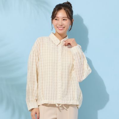 手洗いOK】シズルチェック・バルーンヘムブラウス（56032608