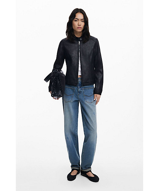 マオカラー ニット袖切り替え フェイクレザージャケット