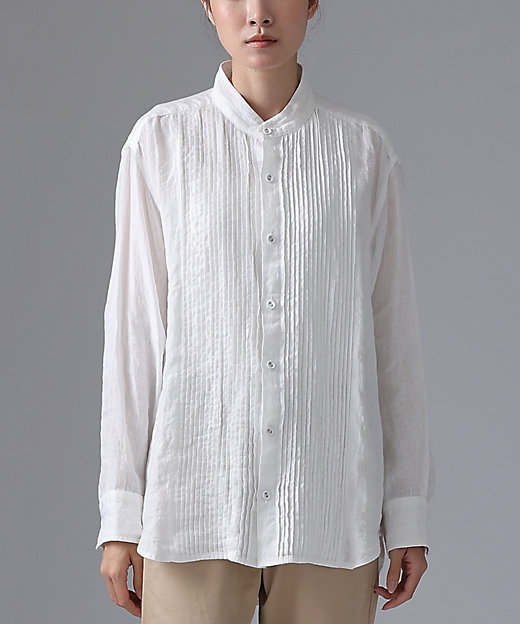 エド haddow リネンピンタックバンドカラーシャツ