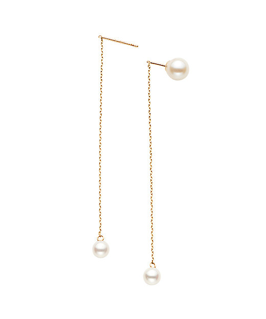K10イエローゴールド 淡水パールダブルキャッチチェーンピアス