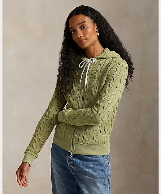 ケーブルニット コットン フルジップ フーディ