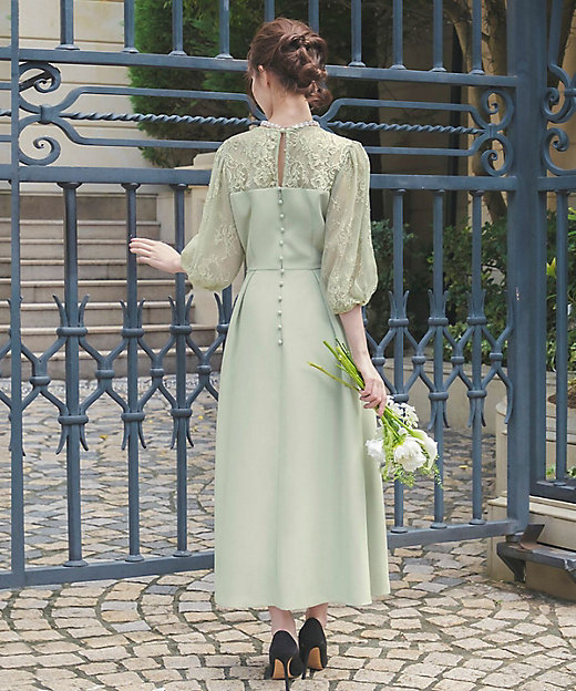 レース切替パフスリーブ フレア パーティードレス スモールサイズ