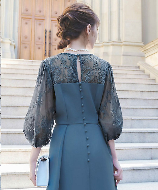 レース切替パフスリーブ フレア パーティードレス スモールサイズ