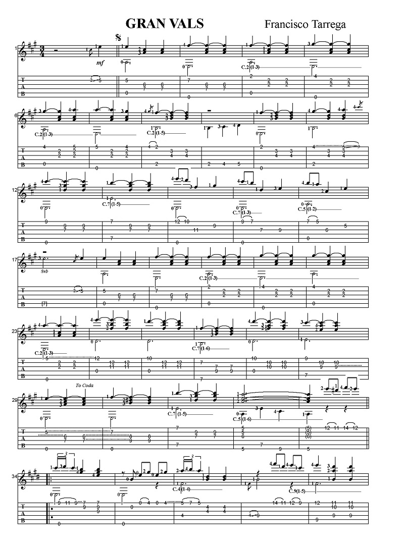 タブ譜付き楽譜 フランシスコ・タルレガ グレートワルツ Sheet music