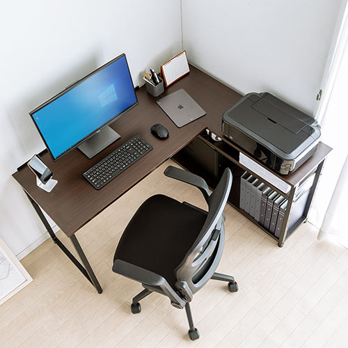 収納ラック付き L字デスク 幅120cm 奥行50cm 木目調 ダークブラウン