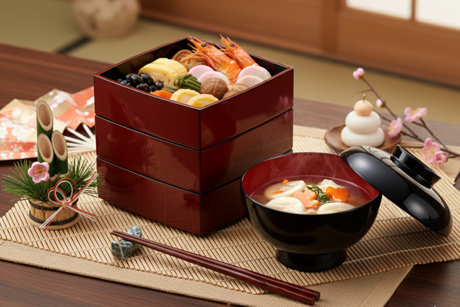 胴張三段重箱 古代朱内黒 6寸 木製 漆塗りお重箱 漆器の井助