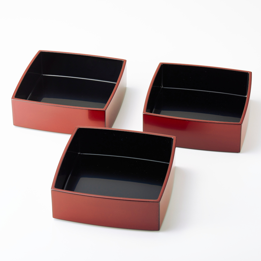 胴張三段重箱 古代朱内黒 6.5寸 木製 漆塗りお重箱 漆器の井助