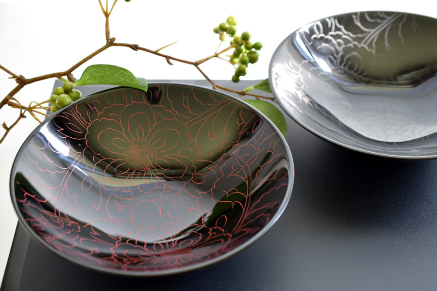 ボウル 牡丹彫 朱 大 漆塗り 中鉢 12-08005 漆器の井助