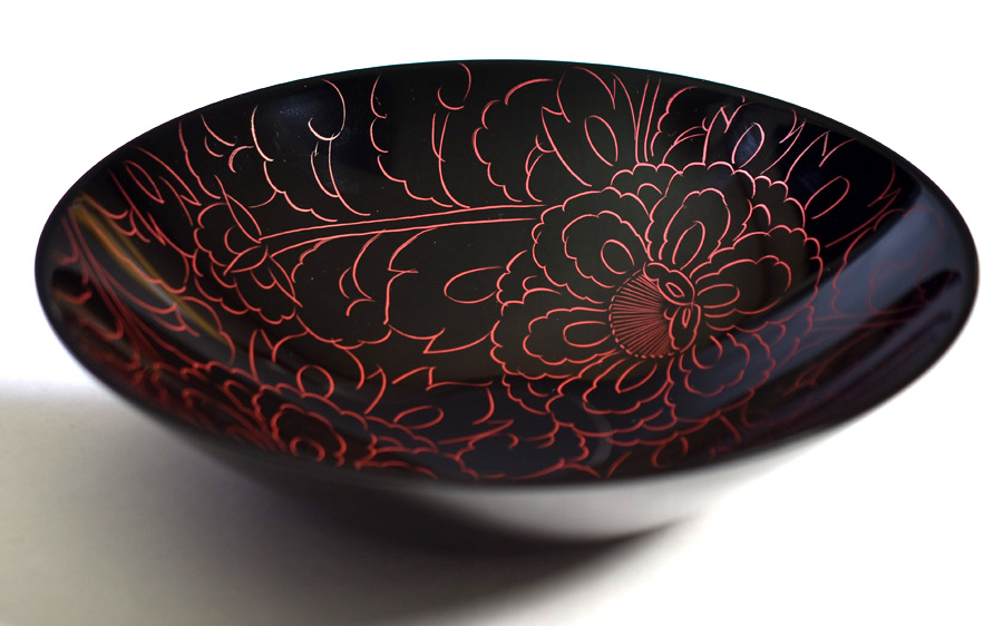 ボウル 牡丹彫 朱 小 漆塗り 中鉢 12-08004 漆器の井助