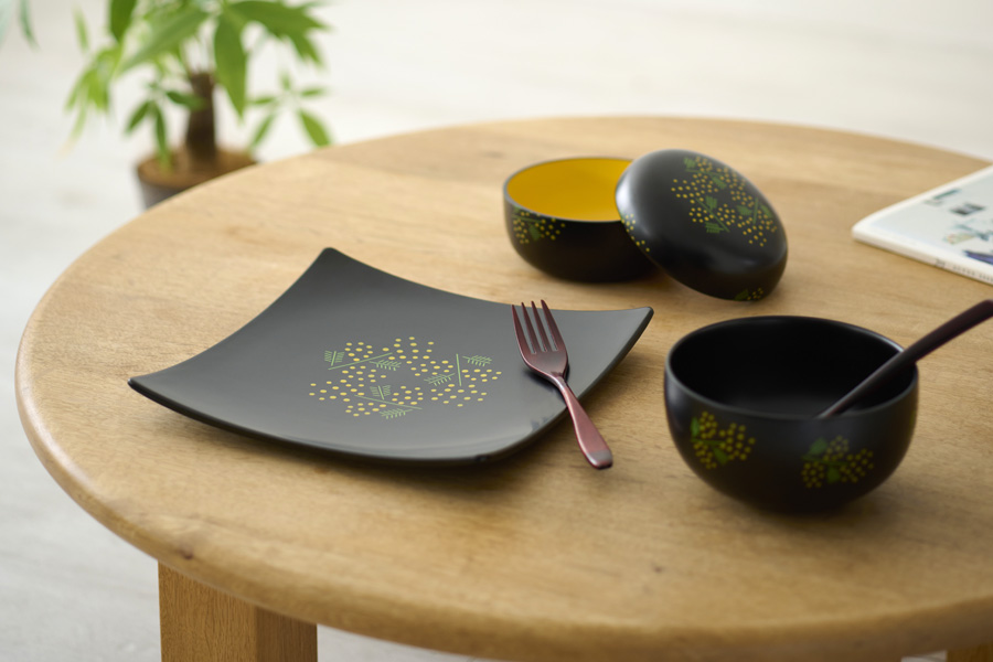 MIMOSA プレート(角皿) 黒/白 漆塗り 漆器の井助