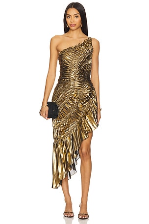 For Love & Lemons Anisa Asymmetrical Dress in Gold | REVOLVE