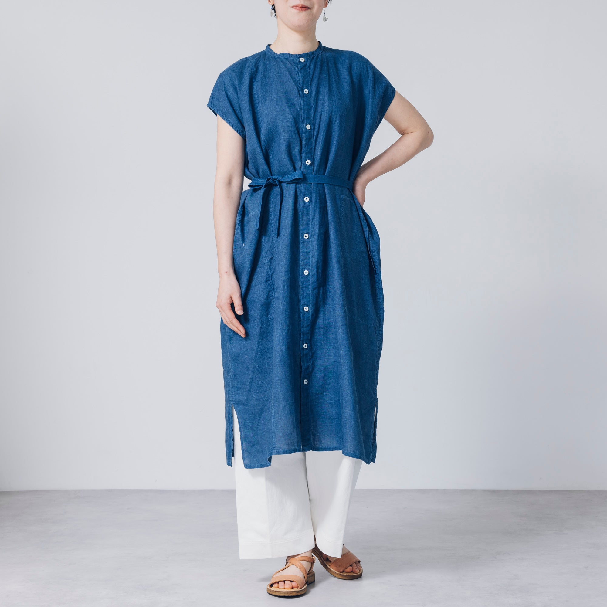越前ワンピース・ノースリーブ］リネン/いとしろ藍ダーク