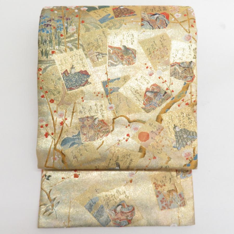 袋帯 カルタx四季花々x波文様 金糸銀糸 ゴールドx多色 正絹