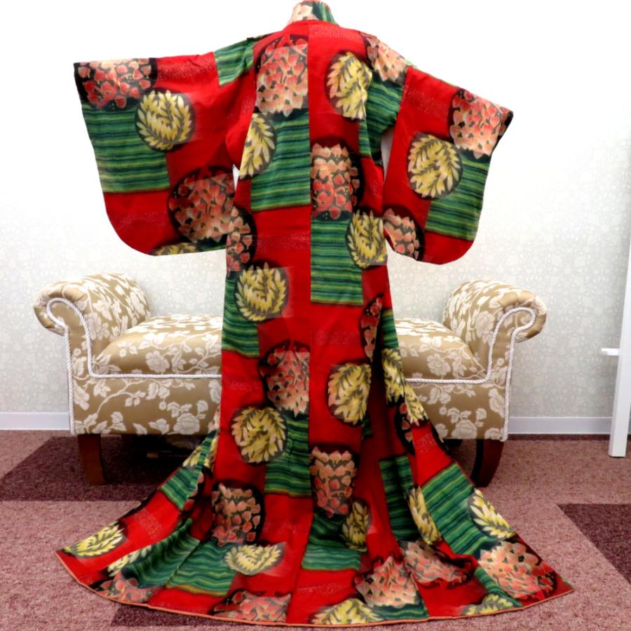 子供着物 銘仙 アンティーク 昔 女児用 赤 多色 縞 植物柄 レトロ 昔