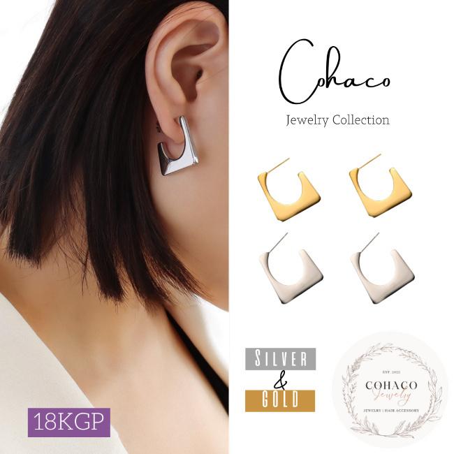 スクエアピアス 18K 純チタン製 ゴールド シルバー アンティーク