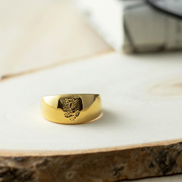 18金メンズ指輪 ゴールド リング K18 印台 ライオン紋章男性18K刻印