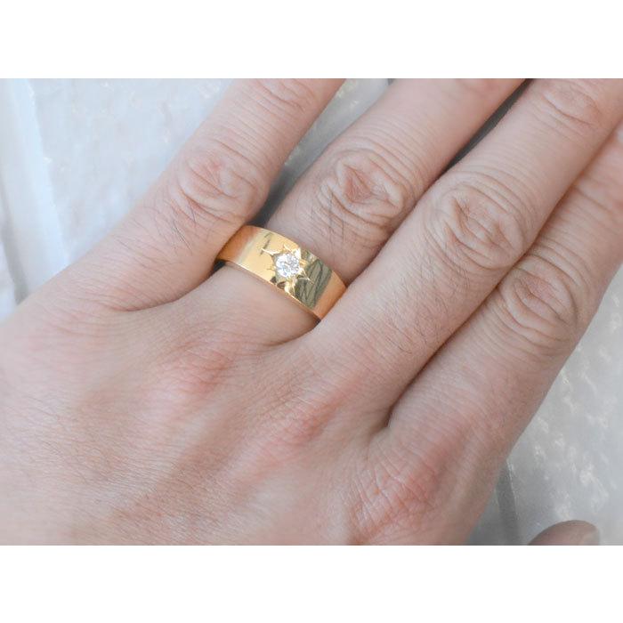 18金 メンズ リング 平打ちリング 幅広 ダイヤモンド 指輪 イエロー