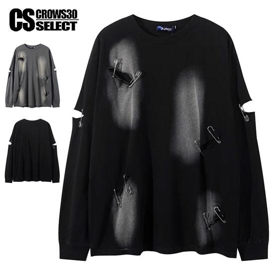 モード系 ロンT メンズ ロングTシャツ V系 カットソー ダメージ加工