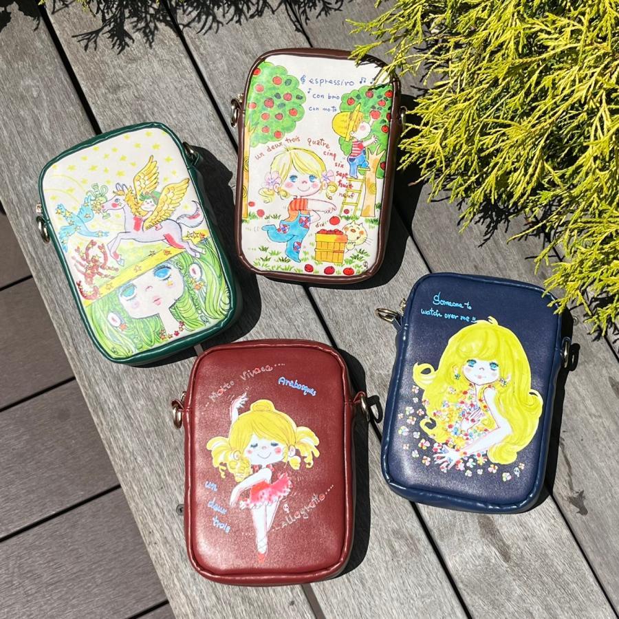 水森亜土】2WAYミニショルダーバッグ「星座(グリーン)/リンゴ(ブラウン