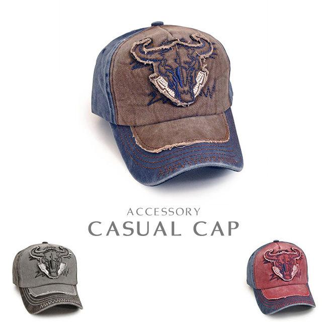 ダメージキャップ カウヘッド 刺繍 ワッペン ロゴ マーク レディース