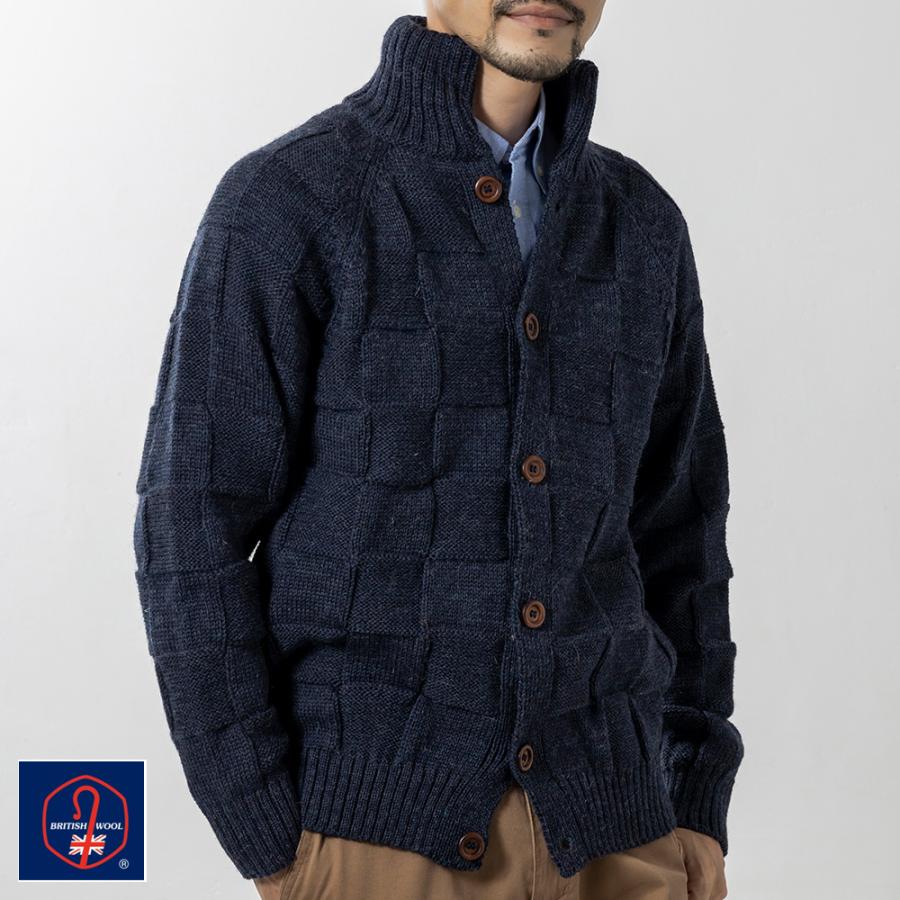 英国製 メンズ 市松模様 カーディガン ブリティッシュウール ニット