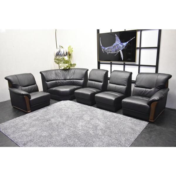 人気商品！本革張りコーナーソファー 5点セット 本革 ブラック レザー