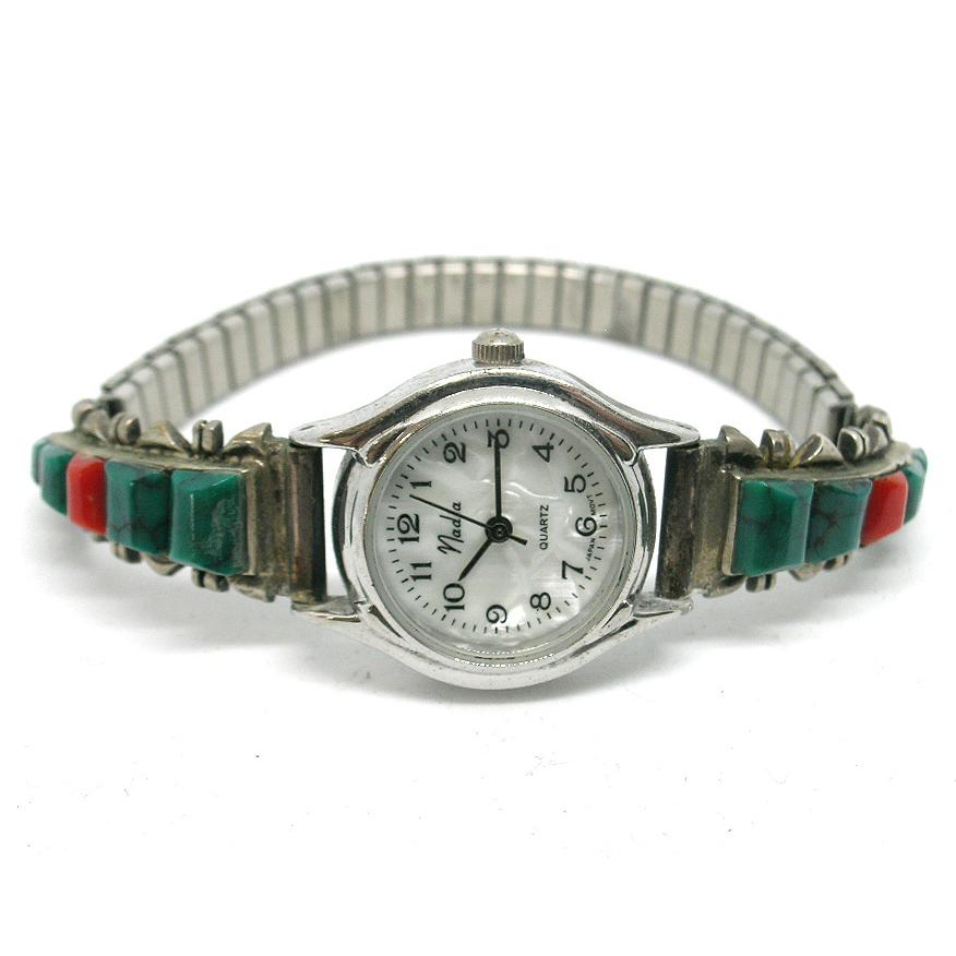 インディアンジュエリー シルバー ターコイズ 珊瑚 ウォッチブレス