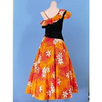 フラダンス ワンショルダー ベルベット斜め切り替え ドレス オレンジ F