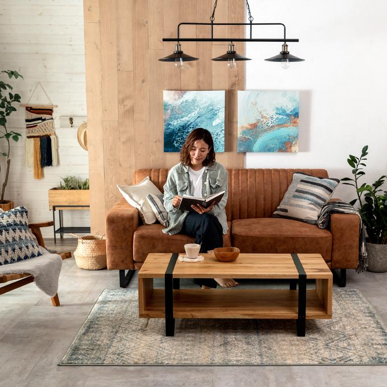 東谷 センター テーブル 木製 スチール 長方形 棚付き ロー 天然木