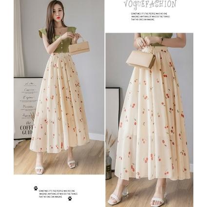 さくらんぼ柄ミディ丈ロングフレアスカート 可愛いキュート フェミニン