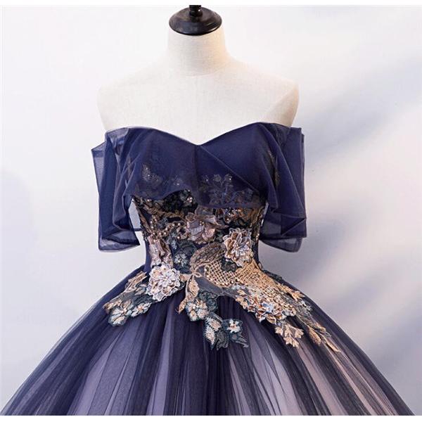 カラードレス ビスチェ ドレス 紺色 グラデーション オフショルダー