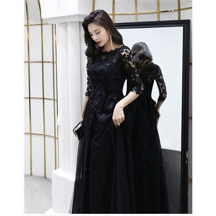 ロングドレス 演奏会 パーティードレス ブラック 黒 袖あり レディース