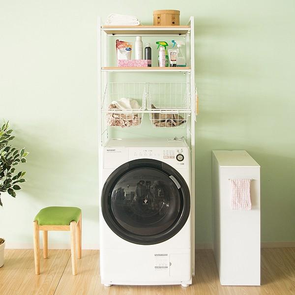 洗濯機ラック 伸縮 幅65.5〜90cm バスケット付き スリム 3段