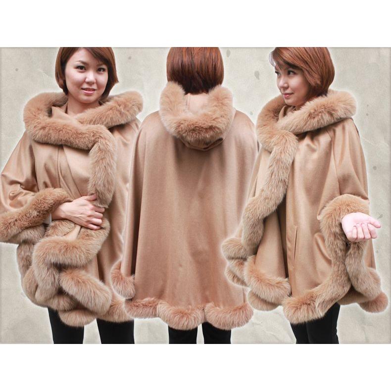 カシミヤ100% ファーケープ FOXフード付き ファーマント レディース