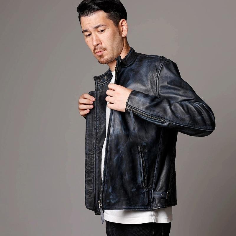 本革 ラムレザー】ネイビー シングルライダースジャケット メンズ