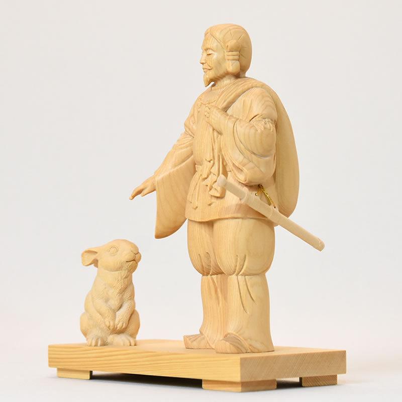木彫り仏像 【大国主命と因幡の白兎】 桧木 総高17.8cm : 海宇工芸館