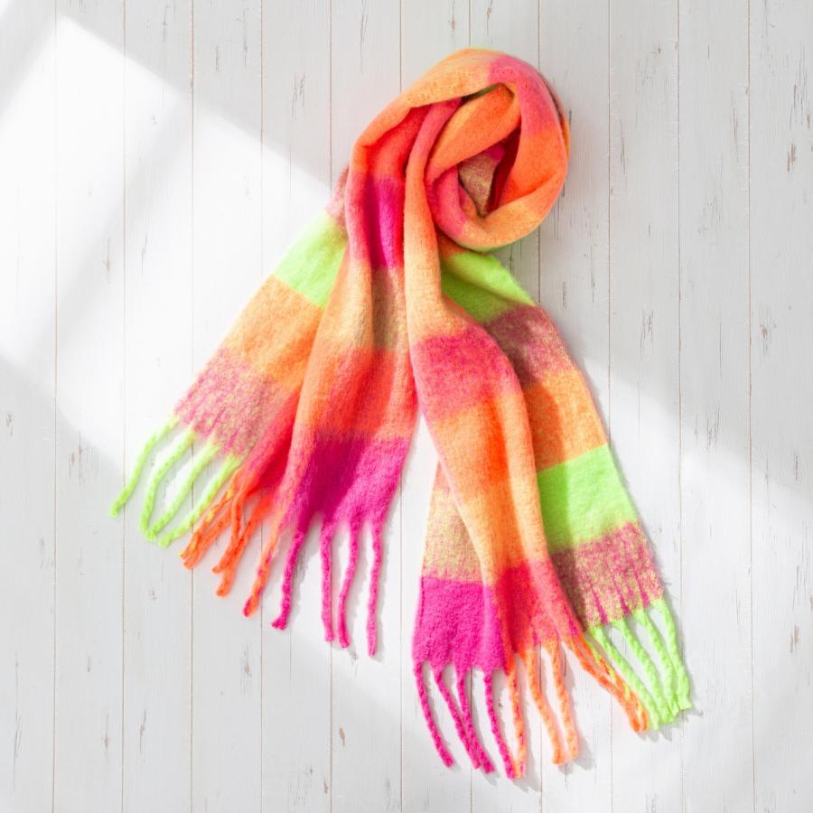 ネオンカラー チェック柄 マフラー ストール あったか もこもこ 蛍光