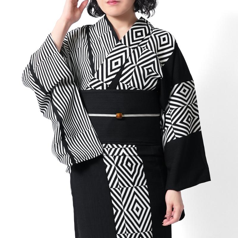 浴衣 JUNKO KOSHINO セオアルファ ジオメトリック柄 白 黒 絵羽風