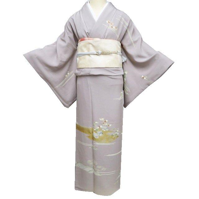 特選 本加工 訪問着 着物 中古 正絹 袷 三越 金駒刺繍 茶屋辻 茶鼠色